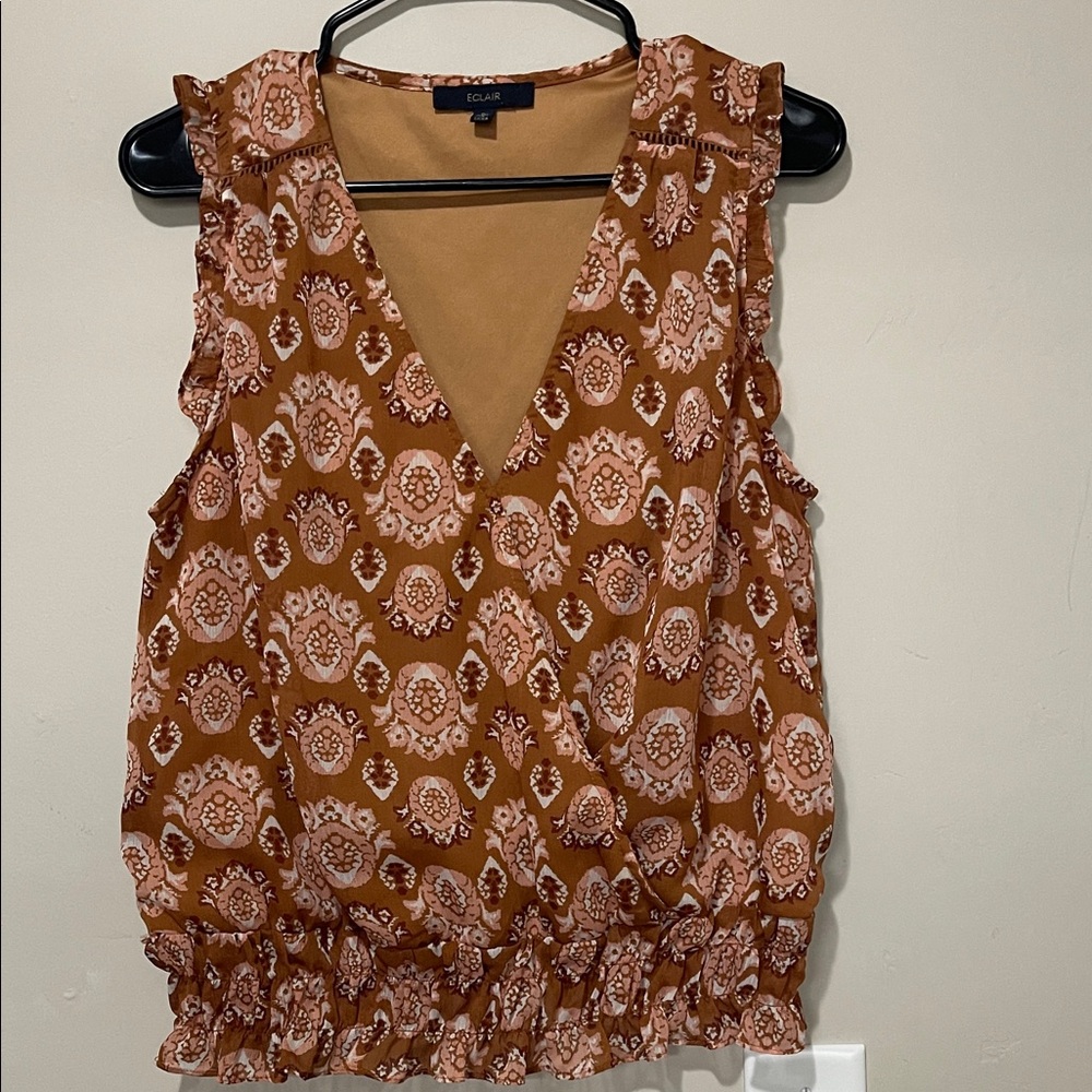 ECLAIR Floral Ruffle Sleeveless V-Neck Women's Blouse Size Large